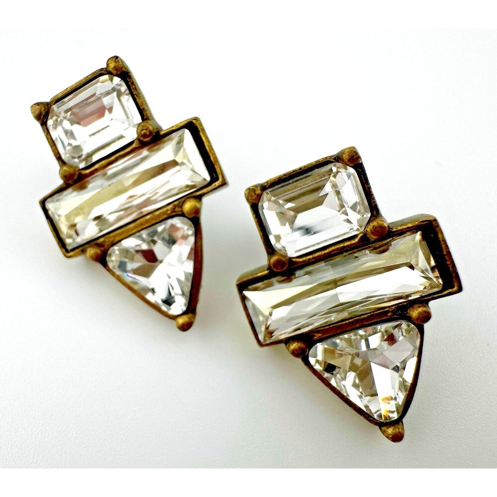 Silpada Geometric Crystal Stud Earrings Art Deco Gold Tone Retired Vintage